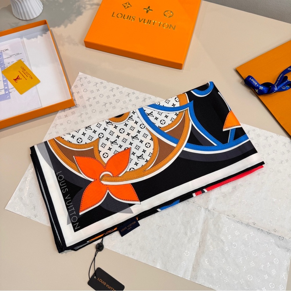 Louis Vuitton Silk Scarf with Bold Orange & Blue Geometric Monogram Print - Picture 3 of 8